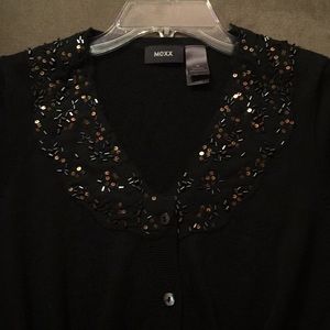Elegant black cardigan w/ sequence on collar area